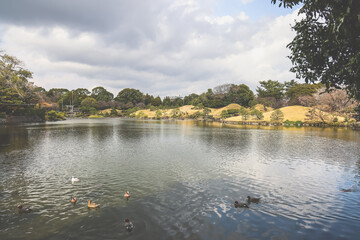 Obraz premium March 24 2025 Serene Lakeside Scene with Reflections and Lush Garden, Japan