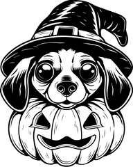 SVG of a Halloween dog wearing a witch hat with a pumpkin in a cute festive style.  Adorable Dog in Witch Hat on a Jack-o'-Lantern for Halloween