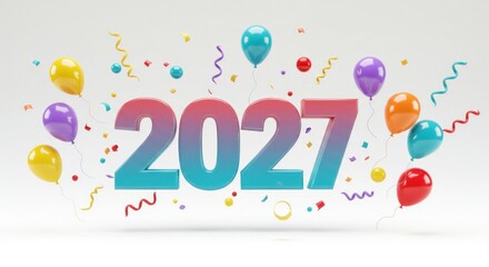 Colorful 3D rendered image with the year "2027" as the centerpiece, surrounded by floating balloons, confetti, and streamers
