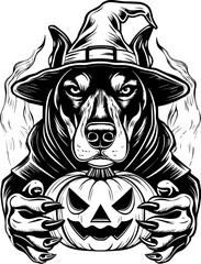 Obraz premium SVG of a Halloween dog wearing a witch hat with a pumpkin in a cute festive style. Black Dog in Witch Hat Holding Pumpkin for Halloween Celebration