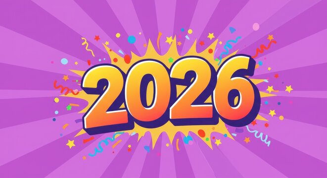 Bold, orange "2026" text explodes from a yellow starburst. Colorful confetti and streamers burst outwards on a purple radial background - Powered by Adobe