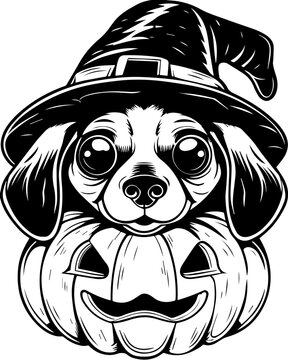 SVG of a Halloween dog wearing a witch hat with a pumpkin in a cute festive style.  Adorable Dog in Witch Hat on a Jack-o'-Lantern for Halloween