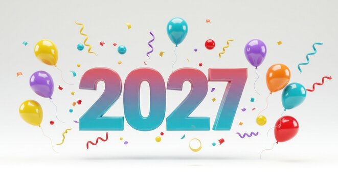Colorful 3D rendered image with the year "2027" as the centerpiece, surrounded by floating balloons, confetti, and streamers