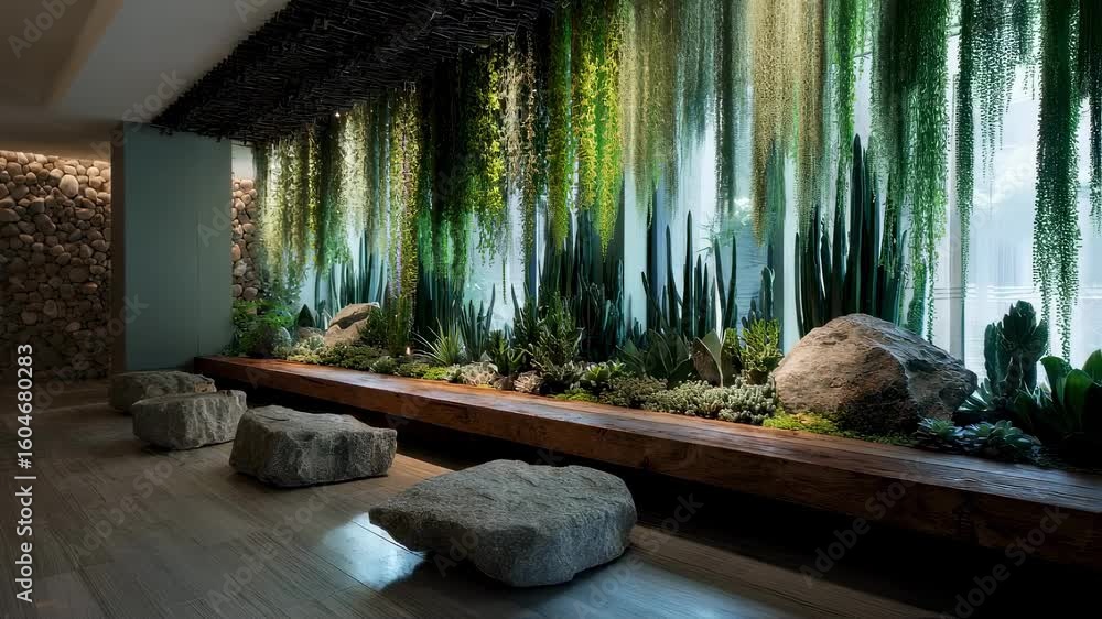 Poster a tranquil meditation room enriched with biophilic elements showcasing a diverse array of cascading 