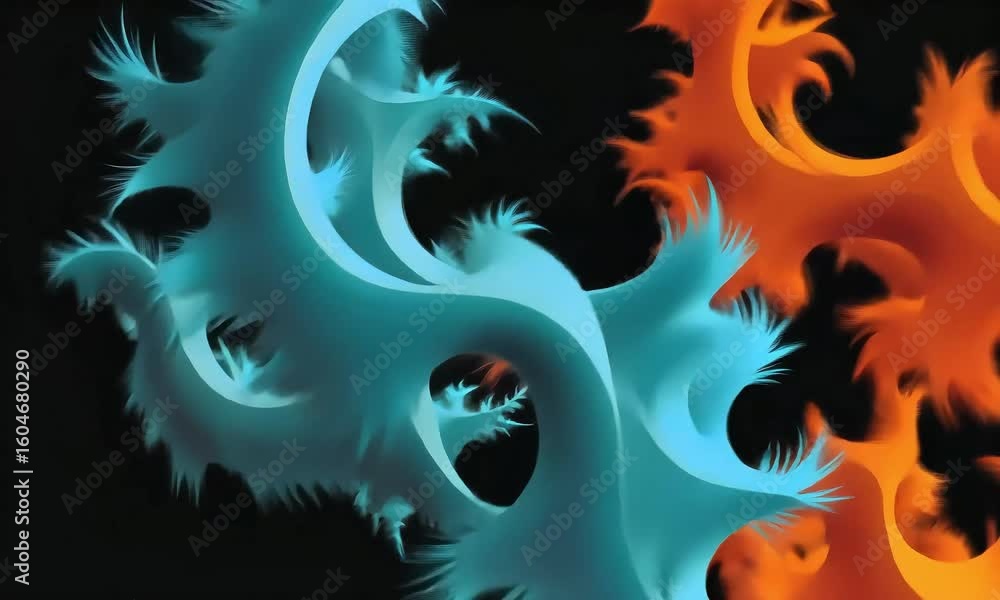 Poster fractal art featuring a blend of blue and orange colors with intricate patterns on a black backgroun
