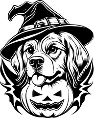 SVG of a Halloween dog wearing a witch hat with a pumpkin in a cute festive style.  Halloween-Themed Retriever with Witch Hat and Pumpkin Decoration