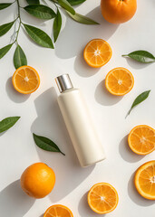 Refreshing citrus skincare product surrounded by fresh oranges and green leaves