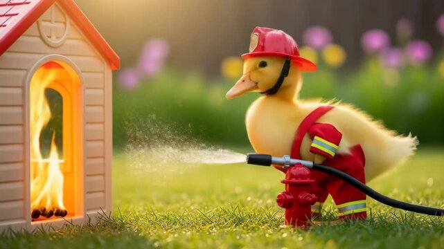 Brave Little Firefighter Duckling - A cute yellow duckling, dressed in a firefighter costume, bravely approaches a small playhouse with flames emanating from its window.