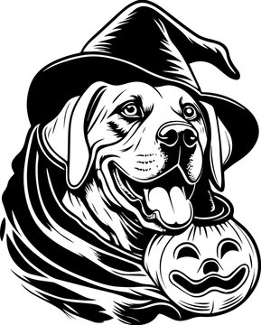 SVG of a Halloween dog wearing a witch hat with a pumpkin in a cute festive style.  Halloween Themed Retriever Dog Wearing Witch Hat and Pumpkin Toy