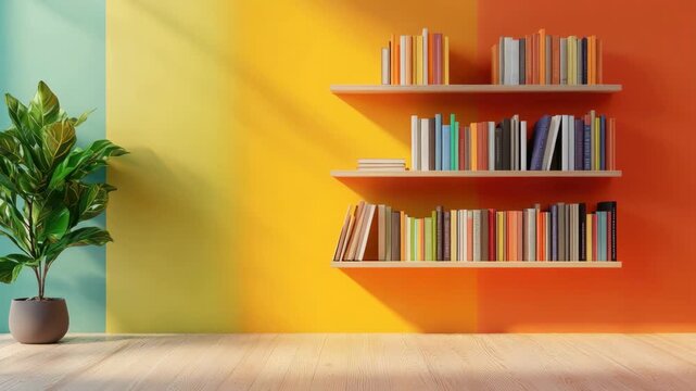 Colorful modern wall with bookshelves and green plant Bright minimalist indoor decor