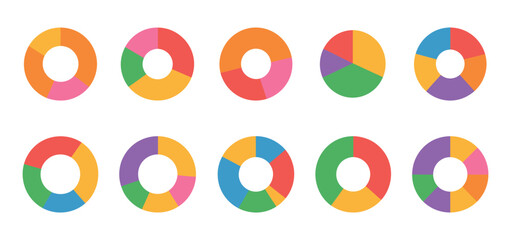 Colorful Pie Charts Displaying Data Distribution. Colorful pie chart collection for business reports and data analysis presentations, modern infographics resource. 