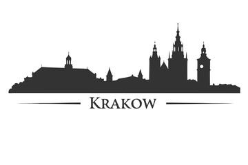 Krakow skyline silhouette with architectural landmarks and clock tower architecture