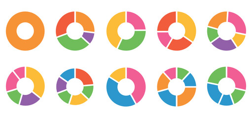 Colorful Pie Charts Displaying Data Distribution. Colorful pie chart collection for business reports and data analysis presentations, modern infographics resource. 