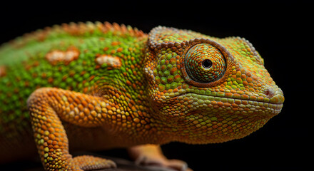 Obraz premium Close up portrait of a colorful chameleon showcasing intricate skin details against a black backdrop