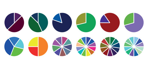 Colorful Pie Charts Displaying Data Distribution. Colorful pie chart collection for business reports and data analysis presentations, modern infographics resource. 