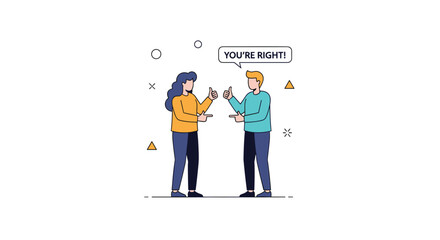 Two people in a disagreement with one person agreeing with the other person stating you are right concept of consensus agreement or compromise