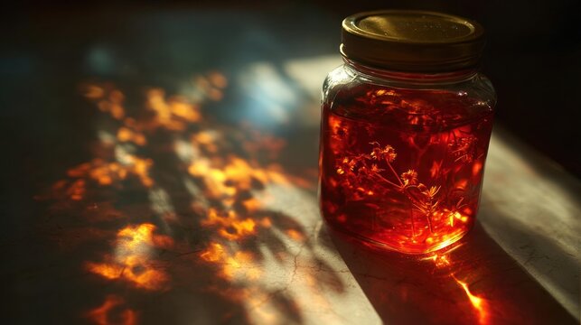 Amber jar with reddish liquid and flowers, sunlit shadows