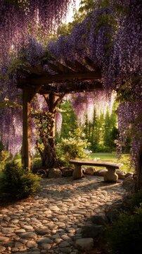 A tranquil scene featuring a rustic pergola in a beautifully landscaped backyard embellished with lush wisteria flowers. The setting sun creates a breathtaking backdrop highlighting