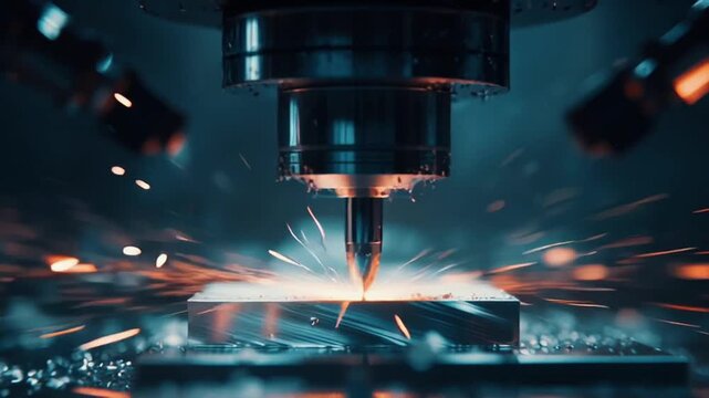 Close-up of futuristic CNC machine performing machining titanium alloy slow motion, glowing molten spiral deep cinematic robotic arms dancers, ballet industry, macro lens, 4K epic sci-fi vibe