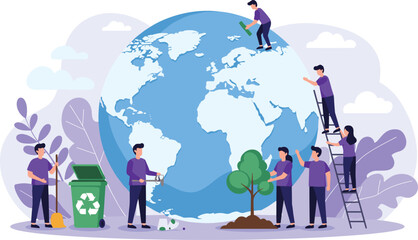 Community teamwork environmental care, global planet cleaning, recycling effort, nature conservation, tree planting, sustainable earth protection, eco-friendly teamwork concept