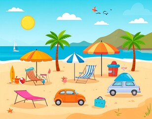 Colorful beach scene with vacation items