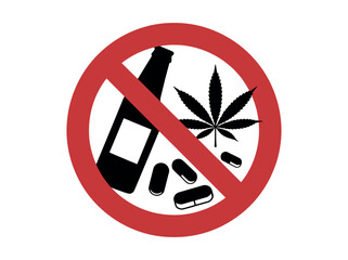 Red prohibition sign with a graphic of a bottle, marijuana leaf, and pills. Say no to substance abuse with this bold prohibition sign featuring alcohol, drugs, and marijuana. 