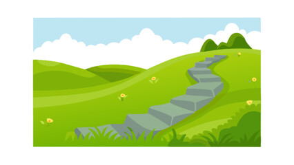 Obraz premium Cartoon landscape with stone path up green hills vector illustration scene for graphic design and backgrounds