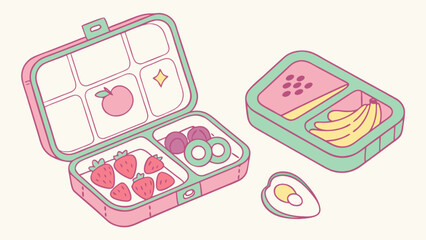 Cute kawaii bento box lunchbox with healthy food illustration for kids school lunch ideas and meal planning