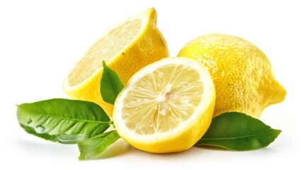 Lemon fruit with leaf isolate. Lemon whole, half, slice, leaves on white. Lemon slices with zest isolated for lemonade. With clipping path. Full depth of field.