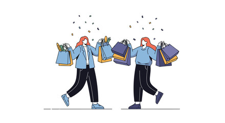 Obraz premium Excited shoppers enjoy a fun shopping spree with many bags and confetti falling down around them