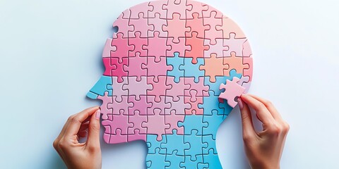 Hands solving brain puzzle. Mental health, cognitive function concept.