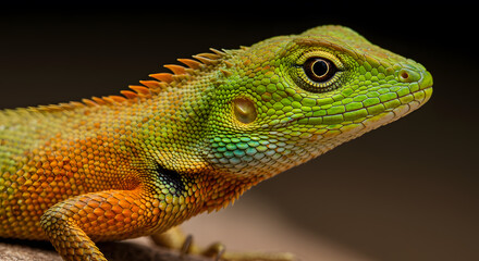 Naklejka premium Close up of a vibrant green lizard with scales and detailed eye against dark background