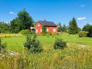 Traditional Red Wooden House in Lush Summer Countryside

