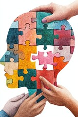Collaborative puzzle solving, mental health concept.
