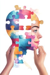 Woman's head formed by colorful puzzle pieces. Concept of identity, mental health, and self-discovery.