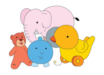 Elephant, duck, fish, bear toys isolated on white background