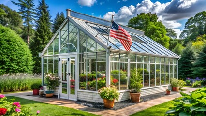 Obraz premium Elegant greenhouse with American flag in lush garden 