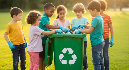 Children collaboratively sort recyclables into a large green bin outdoors.