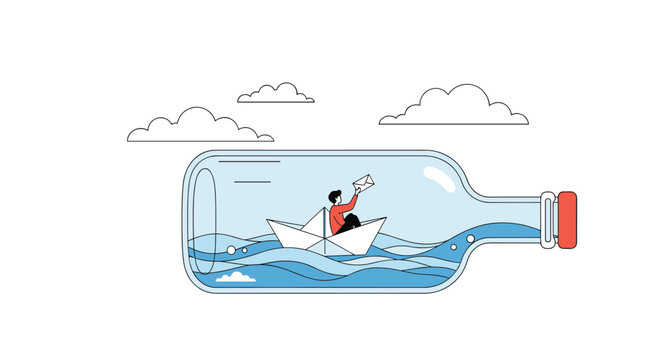 A solitary adventurer navigates a tiny paper boat across a vast ocean contained within a glass bottle