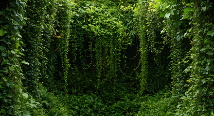 Fototapeta premium Lush green foliage and vines creating a dense canopy in a natural woodland environment