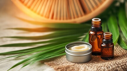 Essential oil bottles and balm on natural background with leaves