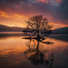 A solitary tree stands in a lake reflecting the vibrant sunset colors in the water surface calmly now