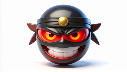 Angry round ninja character with a wide evil smile. 3D rendered villainous emoticon with glowing eyes isolated on a white background.