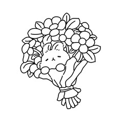 Bunny in bouquet of flowers line art outline illustration 