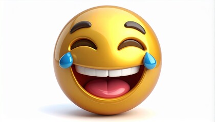 Golden smiling face crying with laughter. A 3D emoticon representing the concept of extreme humor and joy. Isolated illustration.