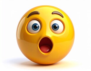Fototapeta premium A three-dimensional rendering of a surprised yellow emoji with a shocked facial expression, featuring wide eyes and an open mouth, isolated on a white background.