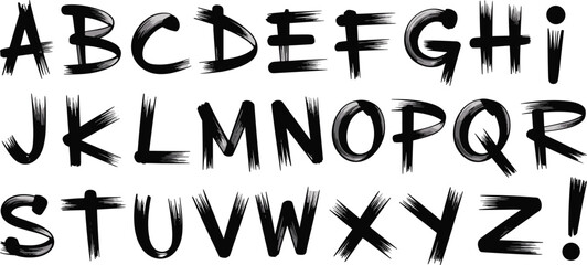 Grunge Brush Font Alphabet, Bold Handwritten Letters, Artistic Black Ink Typeface, Uppercase Typography Set, Creative Modern Text Design Isolated