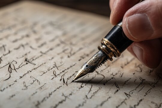 Hand holding fountain pen, writing on aged paper