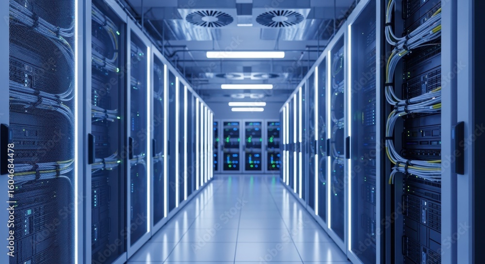 Poster highresolution capture of an expansive server farm corridor with efficient cooling and cable managem