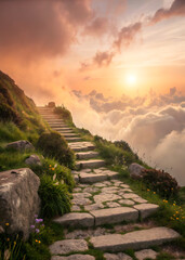 Stone stairway ascending through clouds towards a vibrant sunset sky